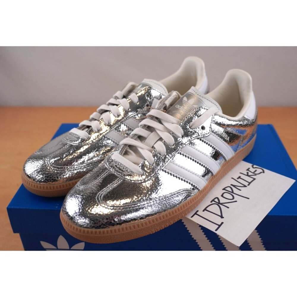 Adidas Samba OG Silver Metallic Cracked Leather Women's Shoes - Picture 4 of 11